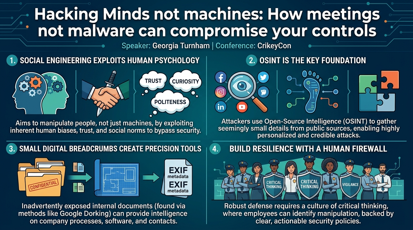 Visual summary for Hacking Minds not machines: How meetings not malware can compromise your controls by Georgia Turnham