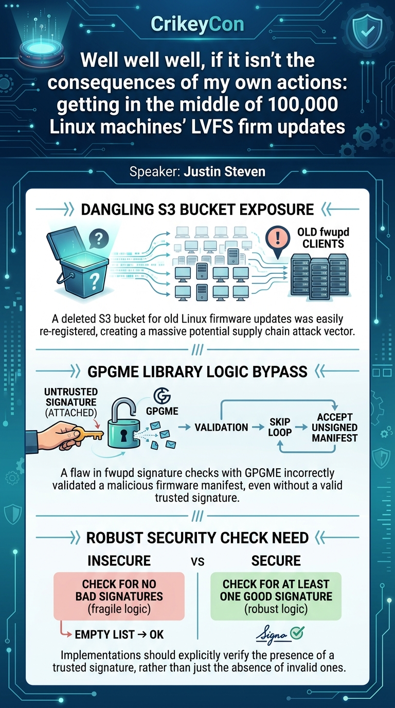 Visual summary for Well well well, if it isn't the consequences of my own actions: getting in the middle of 100,000 Linux machines' LVFS firmware updates by Justin Steven