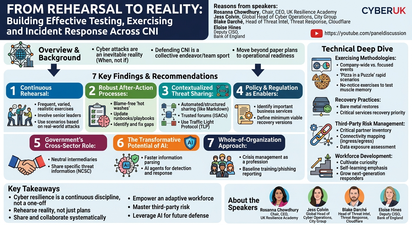 Visual summary for From Rehearsal to Reality: Building Effective Testing, Exercising and Incident Response Across CNI by Unknown