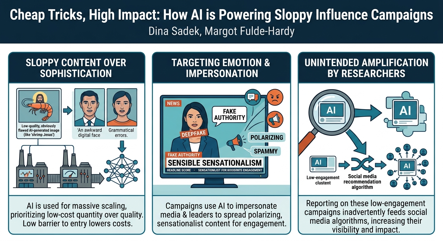 Visual summary for Cheap Tricks, High Impact: How AI is Powering Sloppy Influence Campaigns by Dina Sadek, Margot Fulde-Hardy