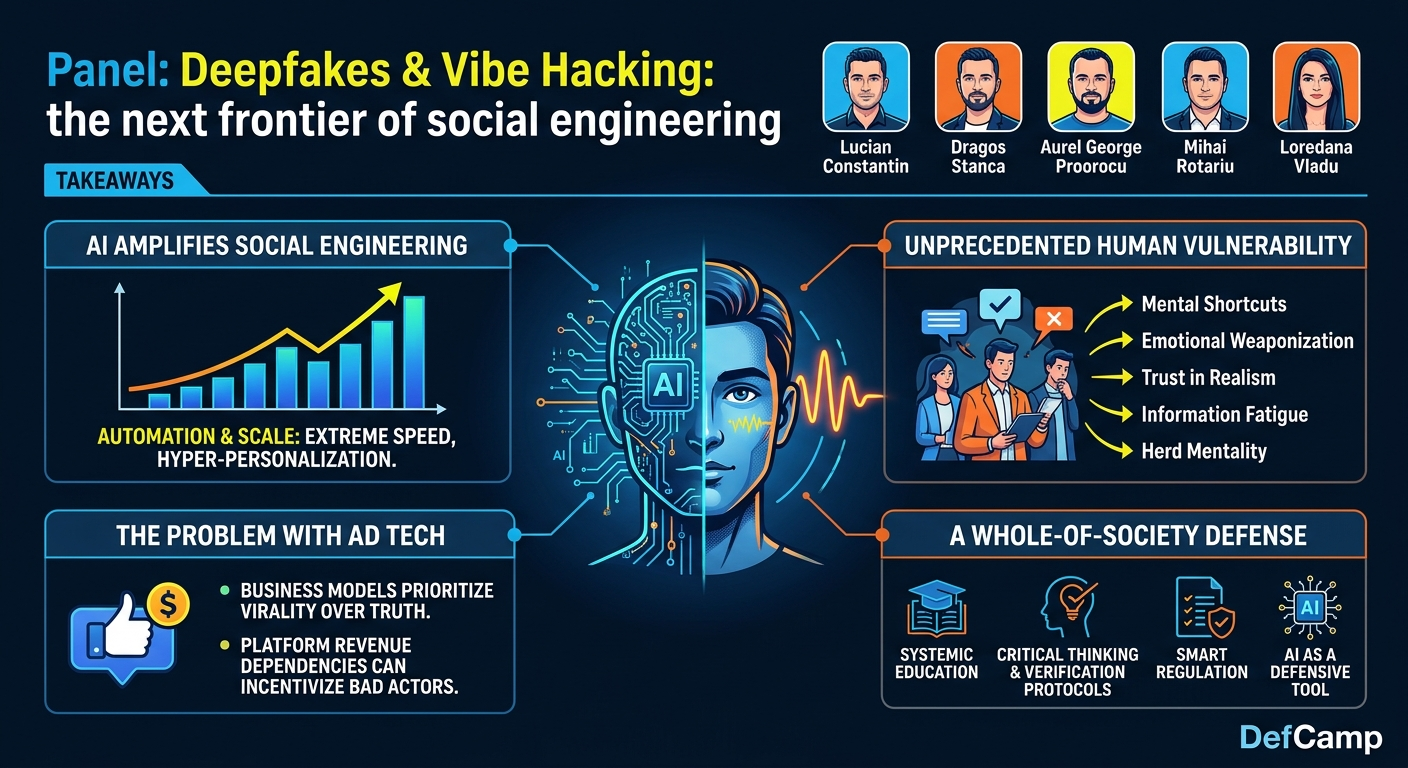 Visual summary for Panel: Deepfakes & Vibe Hacking: the next frontier of social engineering by Lucian Constantin, Dragos Stanca, Aurel George Proorocu, Mihai Rotariu, Loredana Vladu