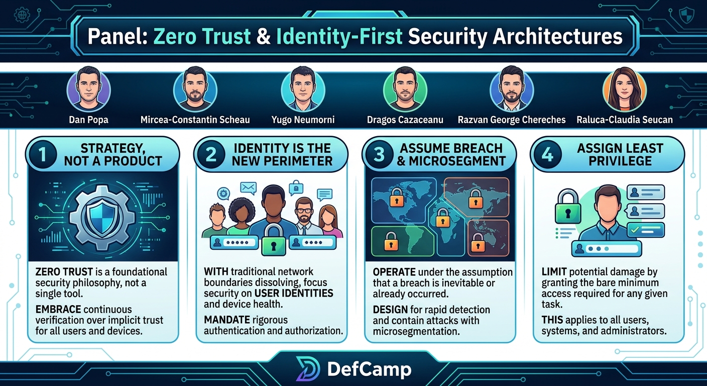Visual summary for Panel: Zero trust & identity‑first security architectures by Dan Popa, Mircea-Constantin Scheau, Yugo Neumorni, Dragos Cazaceanu, Razvan George Chereches, Raluca-Claudia Seucan