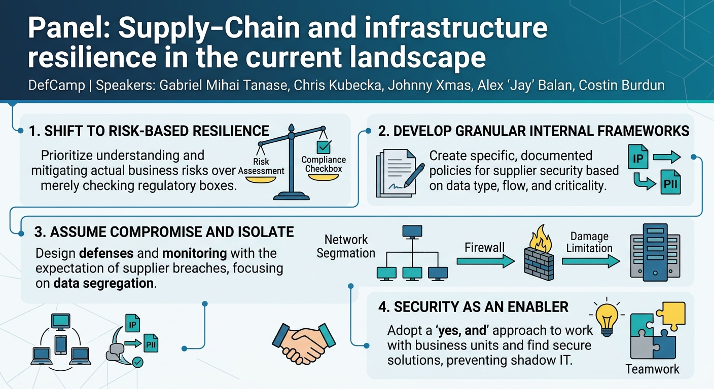 Visual summary for Panel: Supply‑Chain and infrastructure resilience in the current landscape by Gabriel Mihai Tanase, Alex "Jay" Balan, Chris Kubecka, Johnny Xmas, Costin Burdun