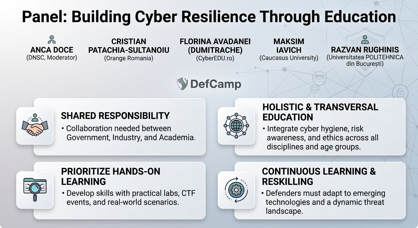 Visual summary for Panel: Building Cyber Resilience Through Education by Anca Doce, Cristian Patachia - Sultanoiu, Florina Avadanei (Dumitrache), Maksim Iavich, Razvan Rughinis