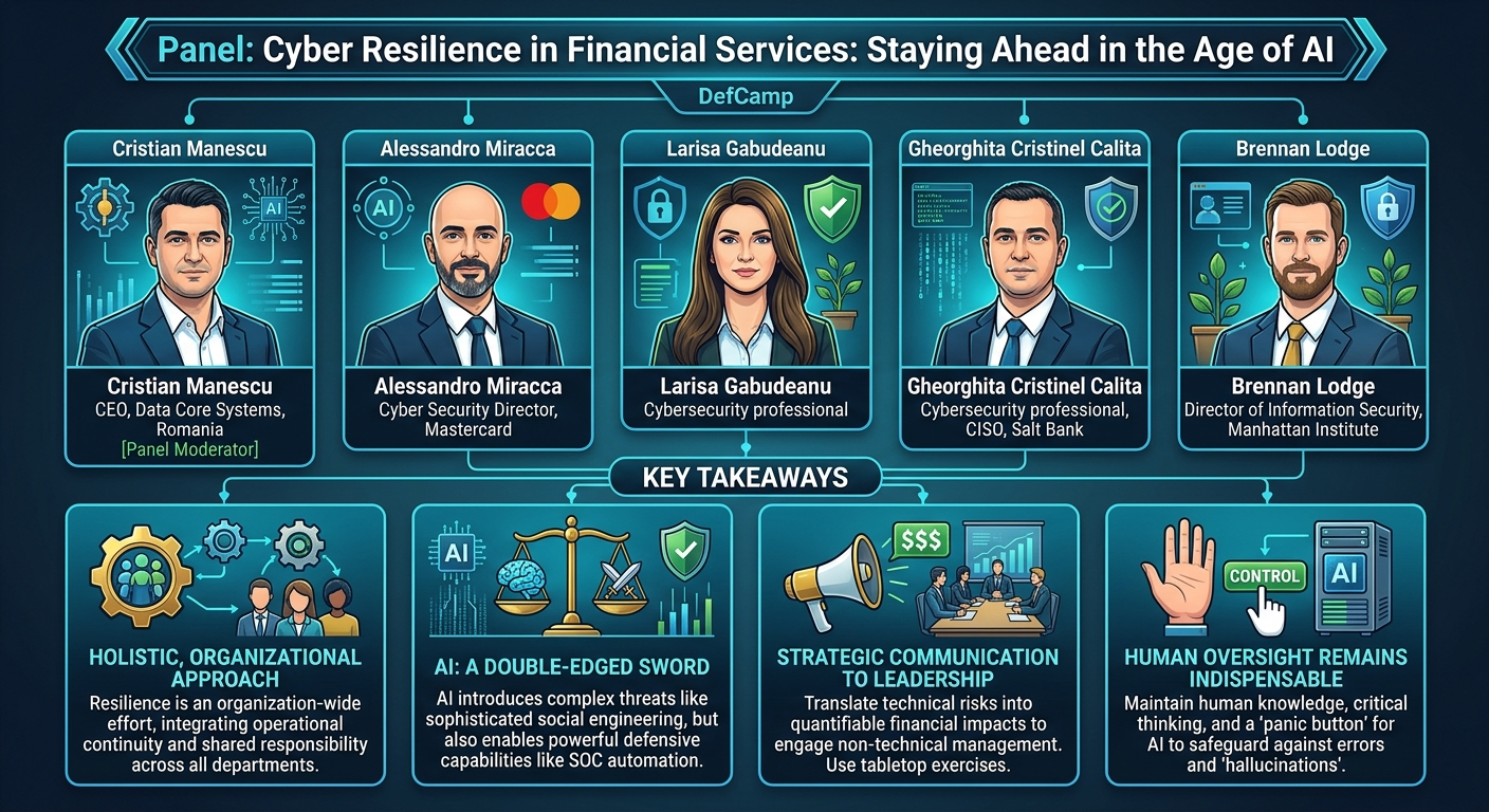 Visual summary for Panel: Cyber Resilience in Financial Services: Staying Ahead in the Age of AI by Cristian Manescu, Alessandro Miracca, Larisa Gabudeanu, Gheorghita Cristinel Calita, Brennan Lodge