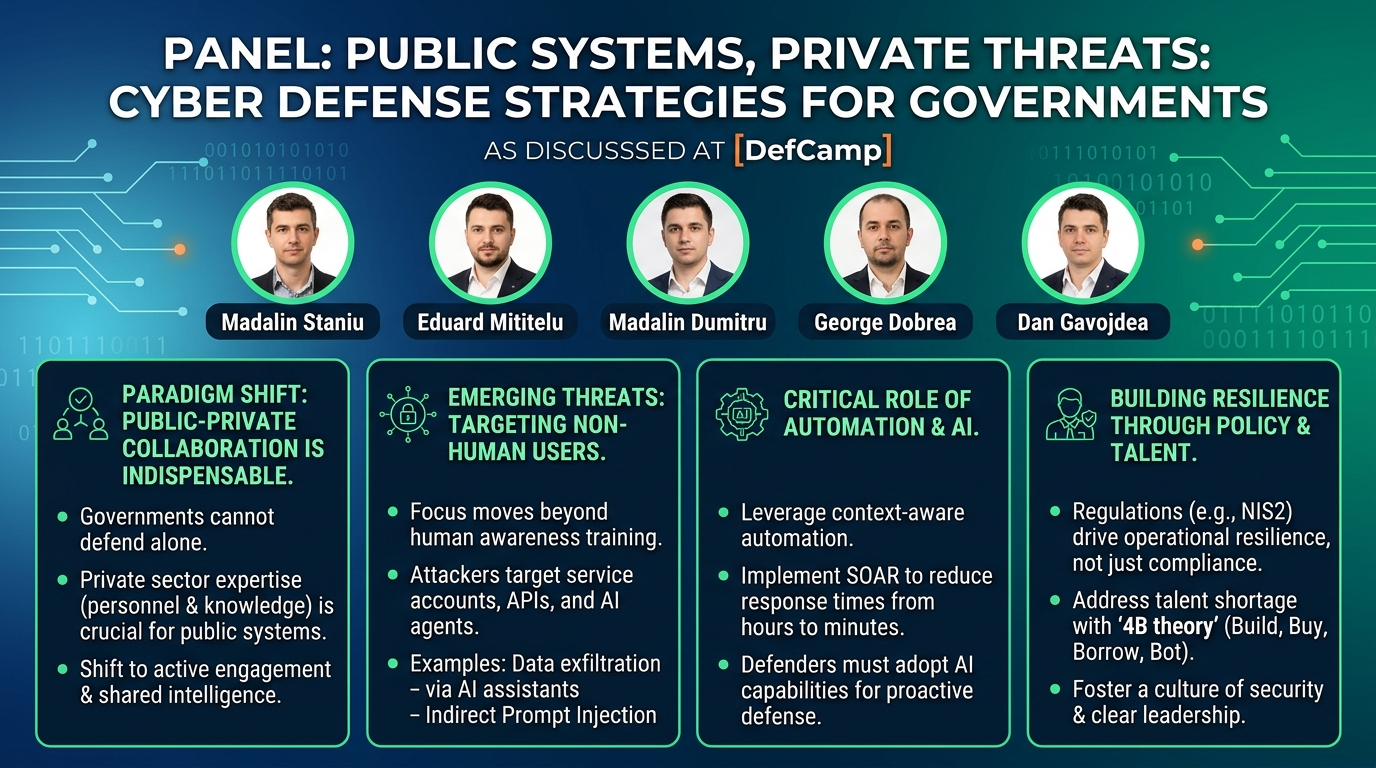 Visual summary for Panel: Public Systems, Private Threats: Cyber Defense Strategies for Governments by Madalin Staniu, Eduard Mititelu, Madalin Dumitru, George Dobrea, Dan Gavojdea
