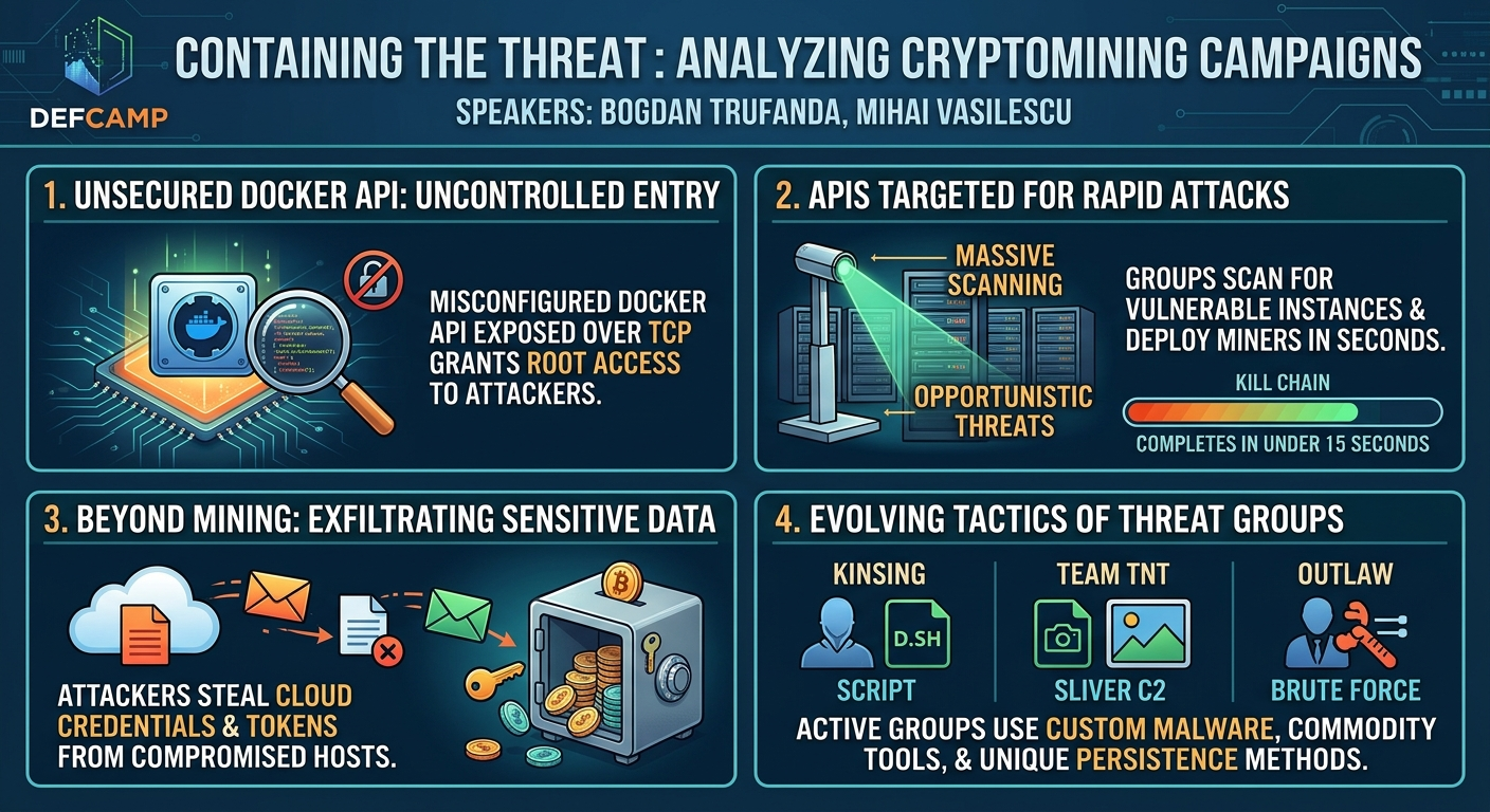 Visual summary for Containing the Threat: Analyzing cryptomining campaigns by Bogdan Trufanda, Mihai Vasilescu
