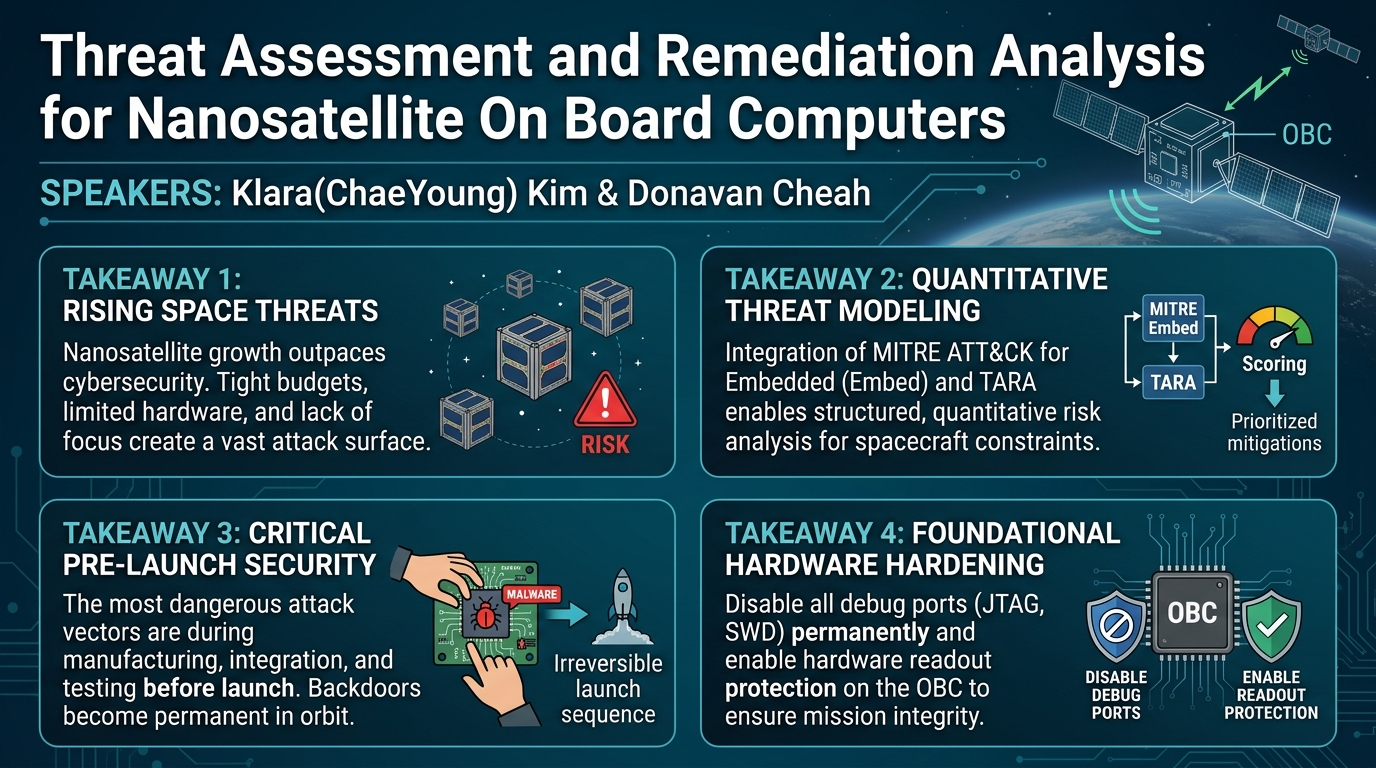 Visual summary for Threat Assessment and Remediation Analysis for Nanosatellite On Board Computers by Klara(ChaeYoung) Kim, Donavan Cheah