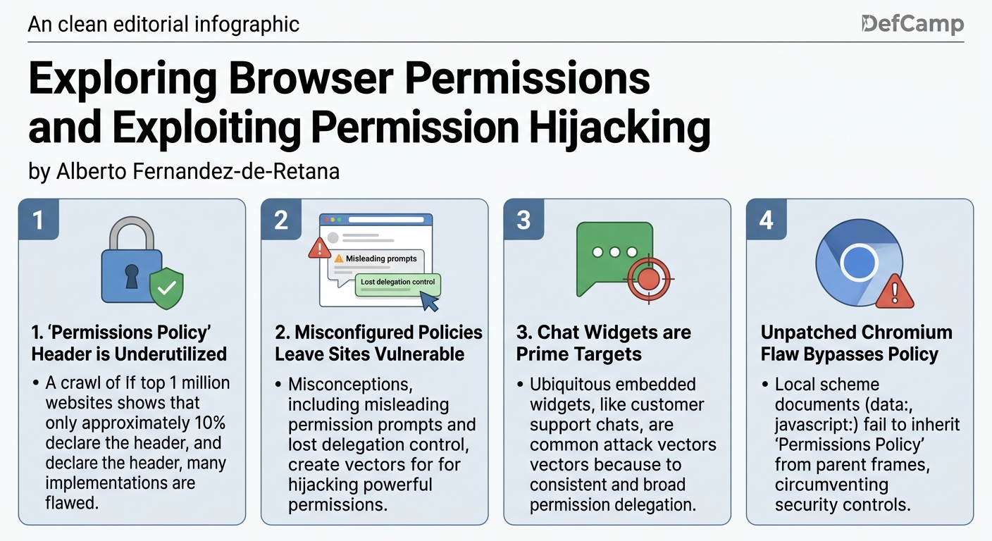 Visual summary for Exploring Browser Permissions and Exploiting Permission Hijacking by Alberto Fernandez-de-Retana