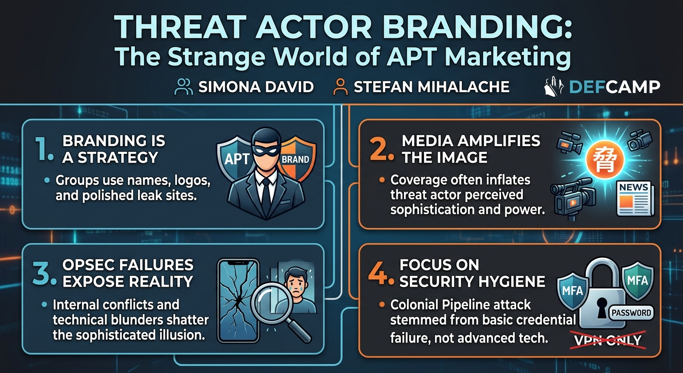 Visual summary for Threat Actor Branding: The Strange World of APT Marketing by Simona David, Stefan Mihalache