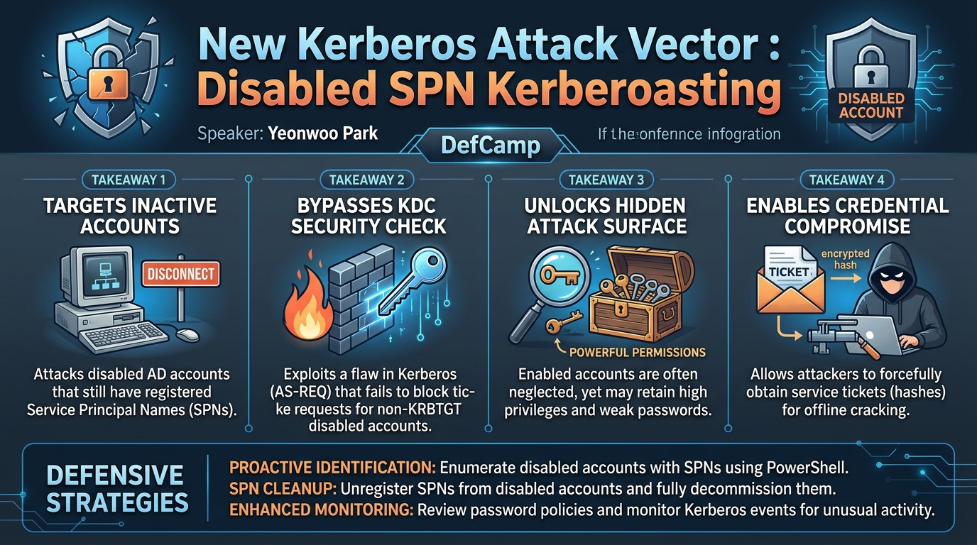 Visual summary for New Kerberos Attack Vector : Disabled SPN Kerberoasting by Yeonwoo Park