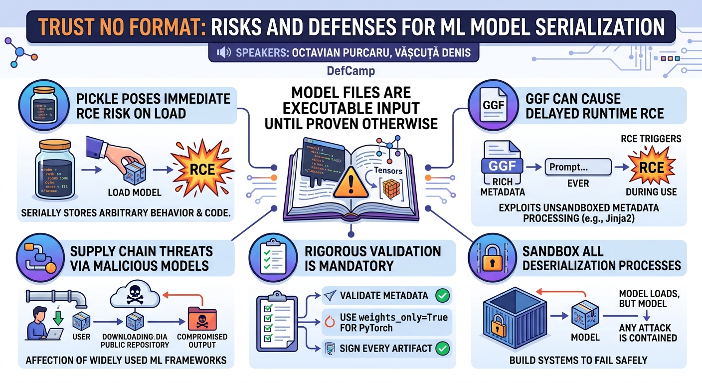 Visual summary for Trust No Format: Risks and Defenses for ML Model Serialization by Octavian Purcaru, Văşcuță Denis