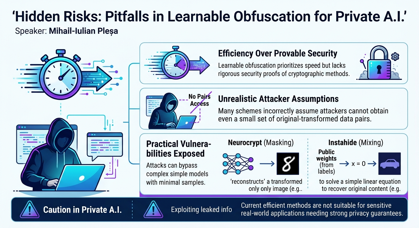Visual summary for Hidden Risks: Pitfalls in Learnable Obfuscation for Private A.I. by Mihail-Iulian Pleșa