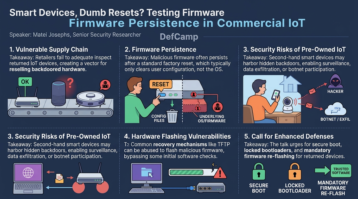 Visual summary for Smart Devices, Dumb Resets? Testing Firmware Persistence in Commercial IoT by Matei Josephs