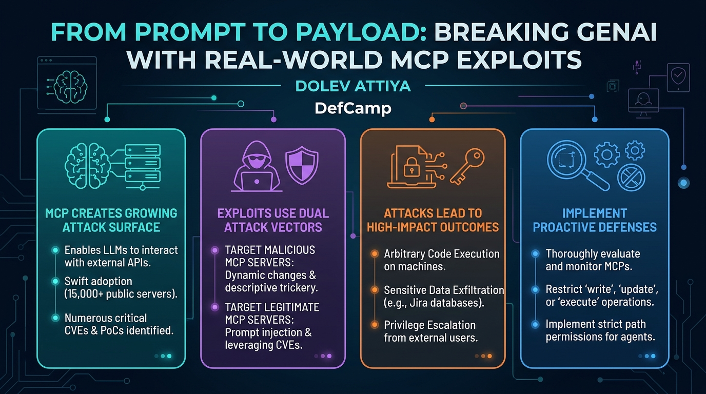 Visual summary for From Prompt to Payload: Breaking GenAI with Real-World MCP Exploits by Dolev Attiya