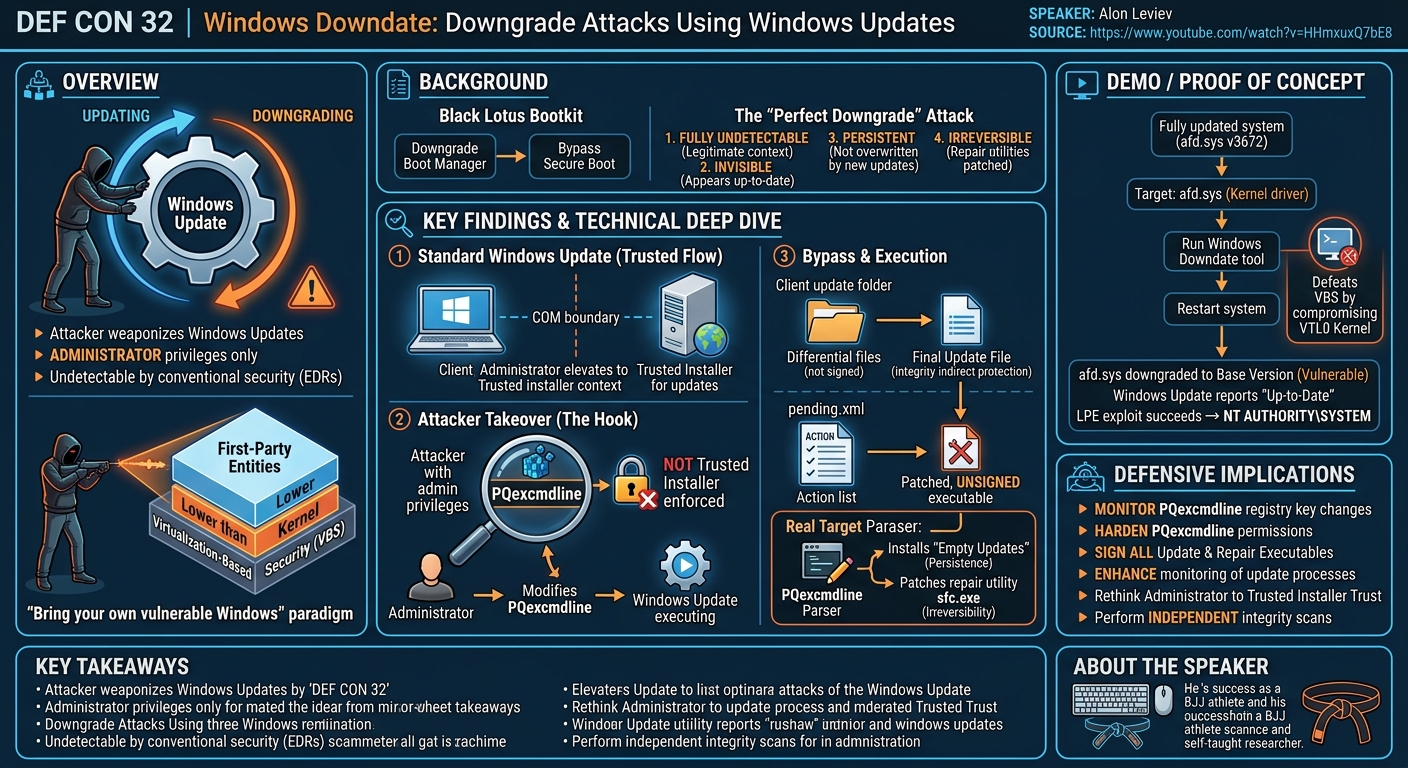 Visual summary for Windows Downdate: Downgrade Attacks Using Windows Updates by Alon Leviev