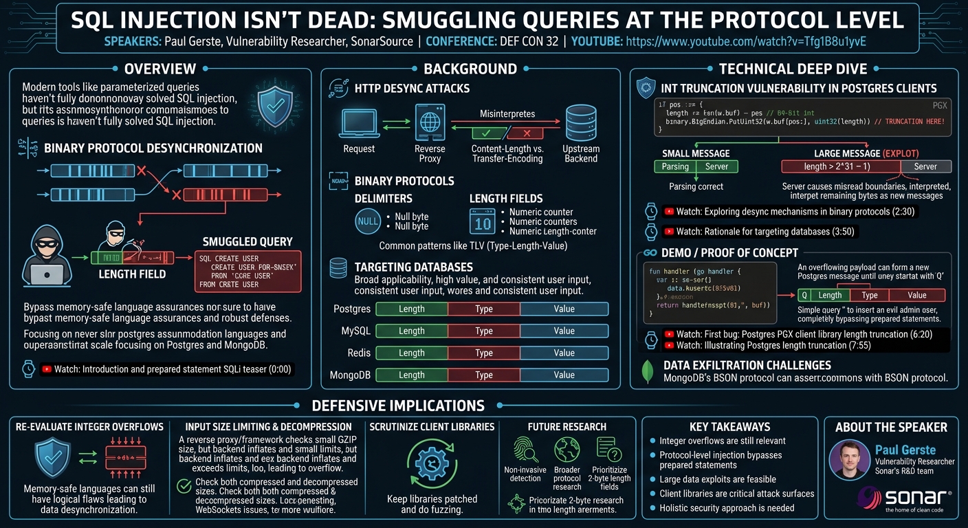 Visual summary for SQL Injection Isn't Dead Smuggling Queries at the Protocol Level by Paul Gerste