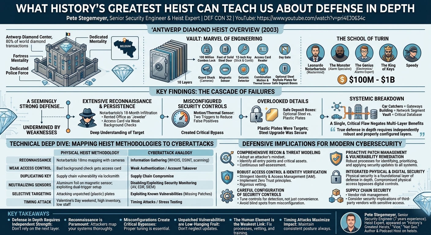 Visual summary for What History’s Greatest Heist Can Teach Us About Defense In Depth by Pete Stegemeyer