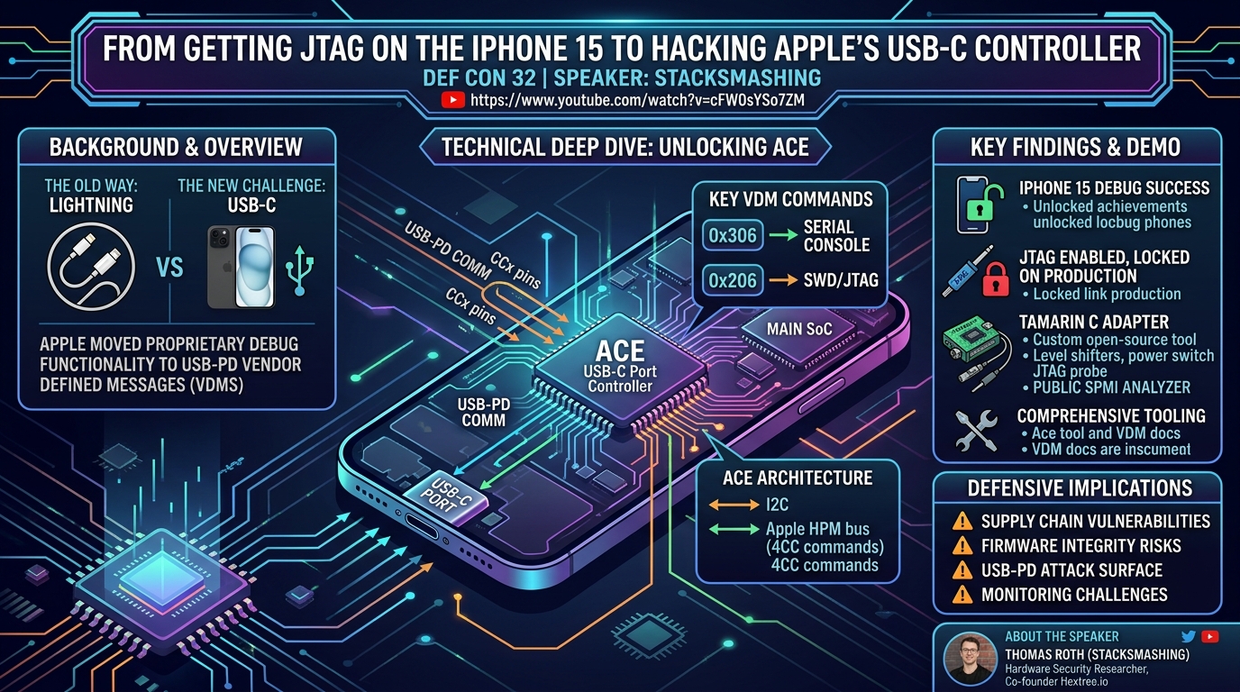 Visual summary for From getting JTAG on the iPhone 15 to hacking Apple's USB-C Controller by Stacksmashing