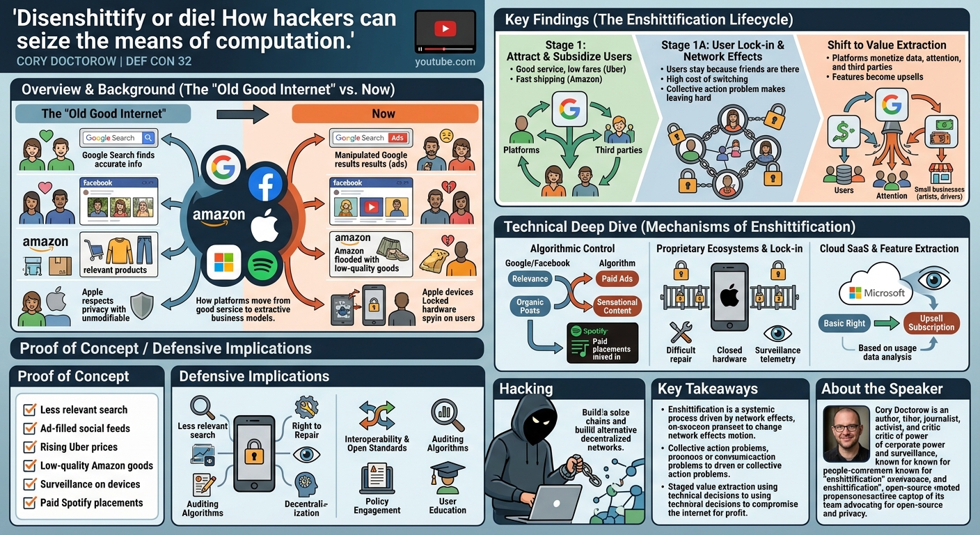 Visual summary for Disenshittify or die! How hackers can seize the means of computation by Cory Doctorow