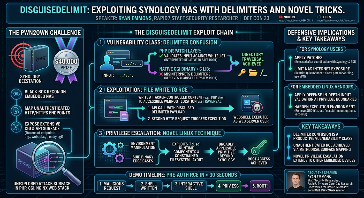 Visual summary for DisguiseDelimit: Exploiting Synology NAS with Delimiters and Novel Tricks by Ryan Emmon