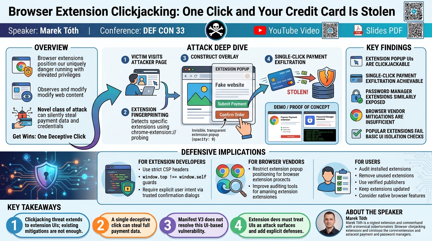 Visual summary for Browser Extension Clickjacking: One Click and Your Credit Card Is Stolen by Marek Tóth