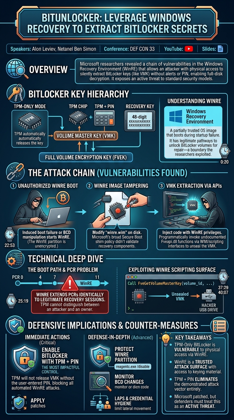 Visual summary for BitUnlocker: Leverage Windows Recovery to Extract BitLocker Secrets by Alon Leviev, Netanel Ben Simon