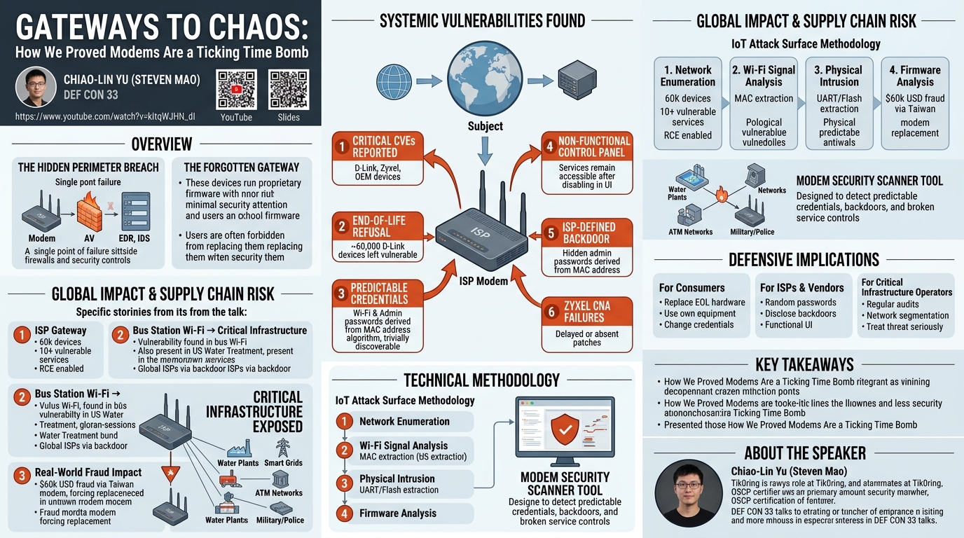 Visual summary for Gateways to Chaos - How We Proved Modems Are a Ticking Time Bomb by Chiao-Lin Yu