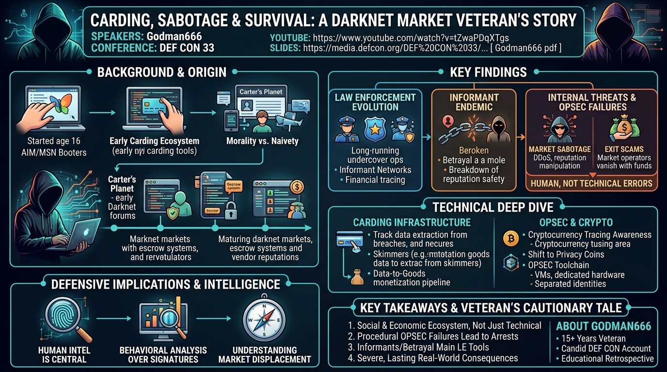 Visual summary for Carding, Sabotage & Survival: A Darknet Market Veteran's Story by Godman666