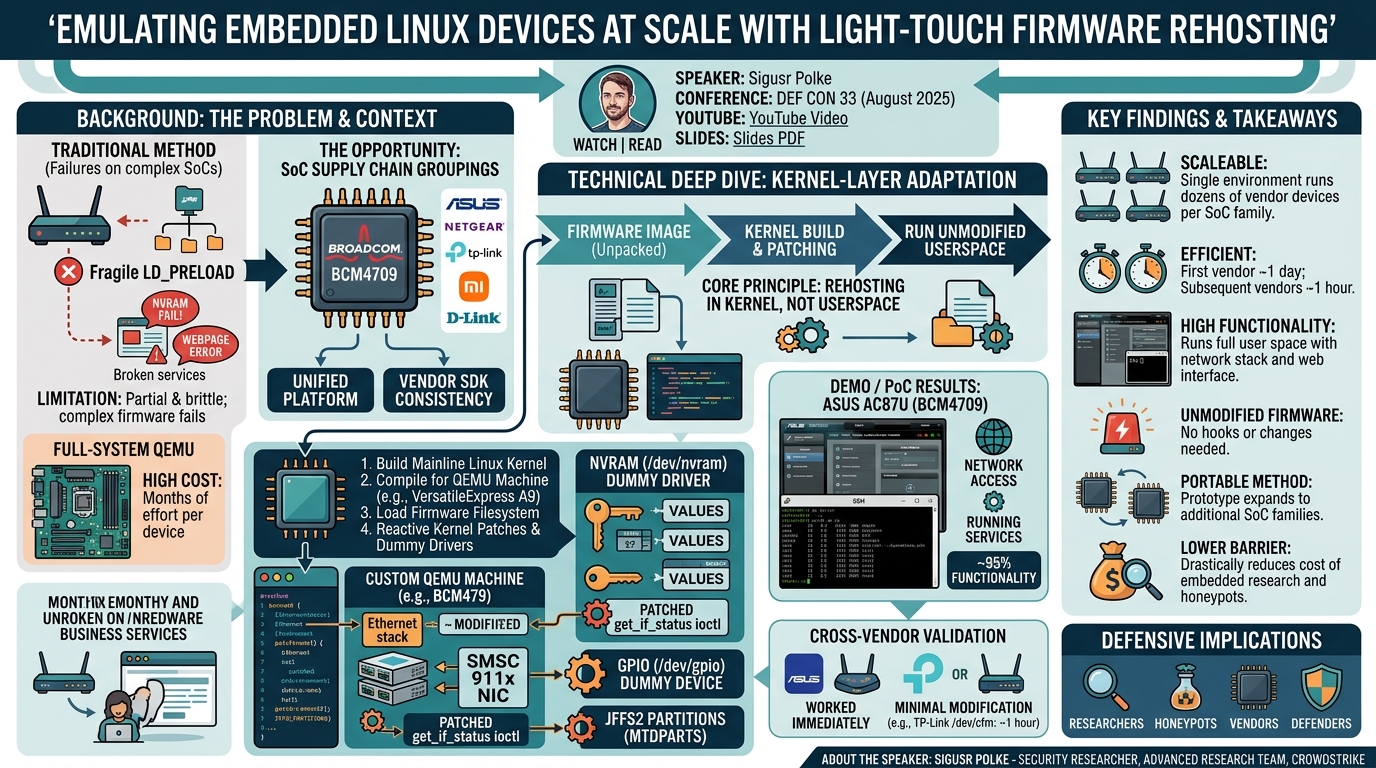 Visual summary for Emulating Embedded Linux Devices at Scale w LightTouch Firmware Rehosting by Sigusr Polke