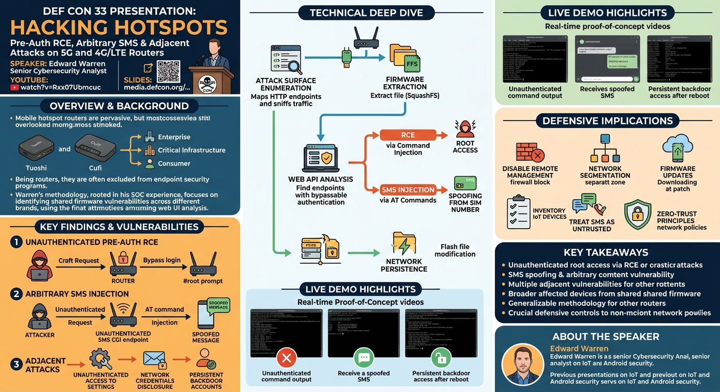Visual summary for Pre-Auth RCE, Arbitrary SMS & Adjacent Attacks on 5G and 4G/LTE Routers by Edward Warren