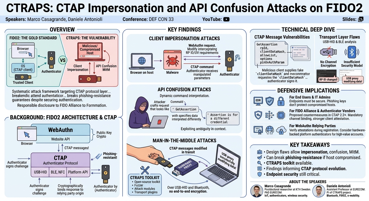 Visual summary for CTRAPS-CTAP Impersonation, API Confusion Attacks on FIDO2 by Marco Casagrande, Daniele Antonioli