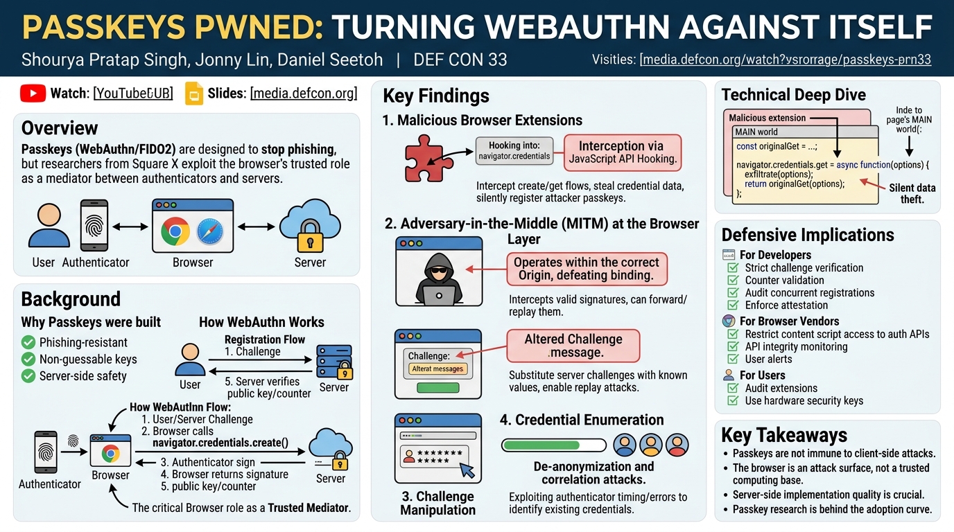 Visual summary for Passkeys Pwned: Turning WebAuthn Against Itself by Shourya Pratap Singh, Jonny Lin, Daniel Seetoh
