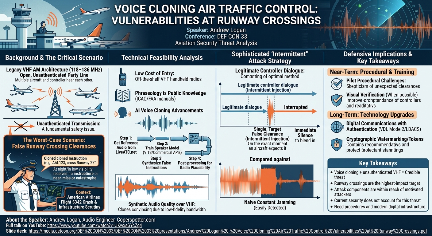 Visual summary for Voice Cloning Air Traffic Control: Vulnerabilities at Runway Crossings by Andrew Logan