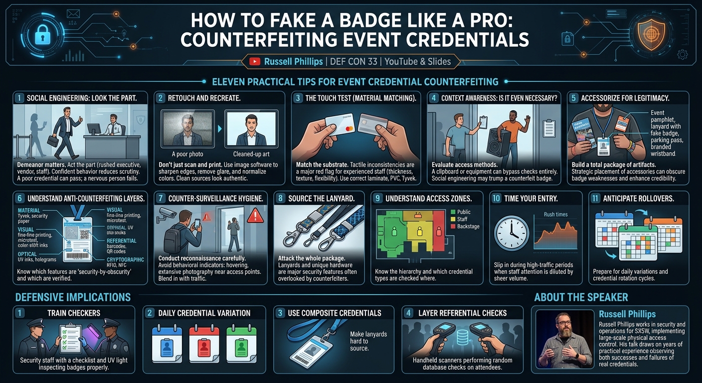 Visual summary for How to Fake a Badge like a Pro: Counterfeiting Event Credentials by Russell Phillips