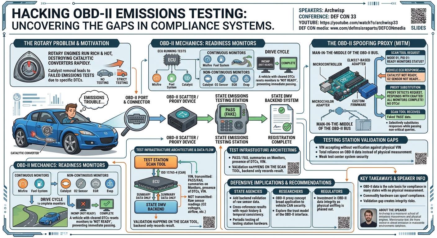 Visual summary for Hacking OBD II Emissions Testing by Archwisp