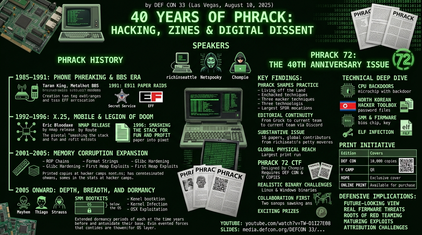Visual summary for 40 Years of Phrack: Hacking, Zines & Digital Dissent by richinseattle, Netspooky, Chompie