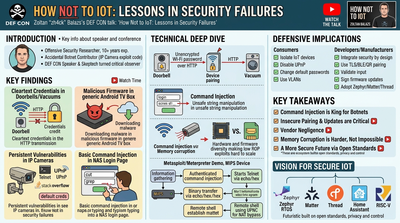 Visual summary for How Not to IoT:Lessons in Security Failures by Zoltan "zh4ck" Balazs