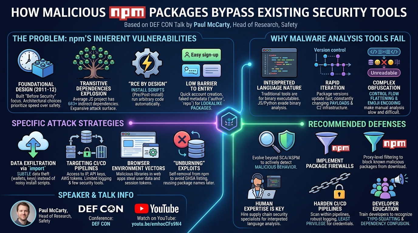 Visual summary for How malicious packages on npm bypass existing security tools by Paul McCarty