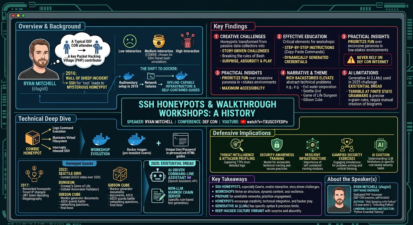 Visual summary for SSH Honeypots and Walkthrough Workshops: A History by Ryan Mitchell