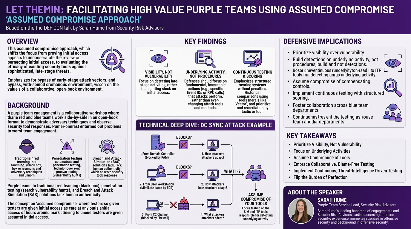 Visual summary for Letthemin: Facilitating High Value Purple Teams Using Assumed Compromise by Sarah Hume