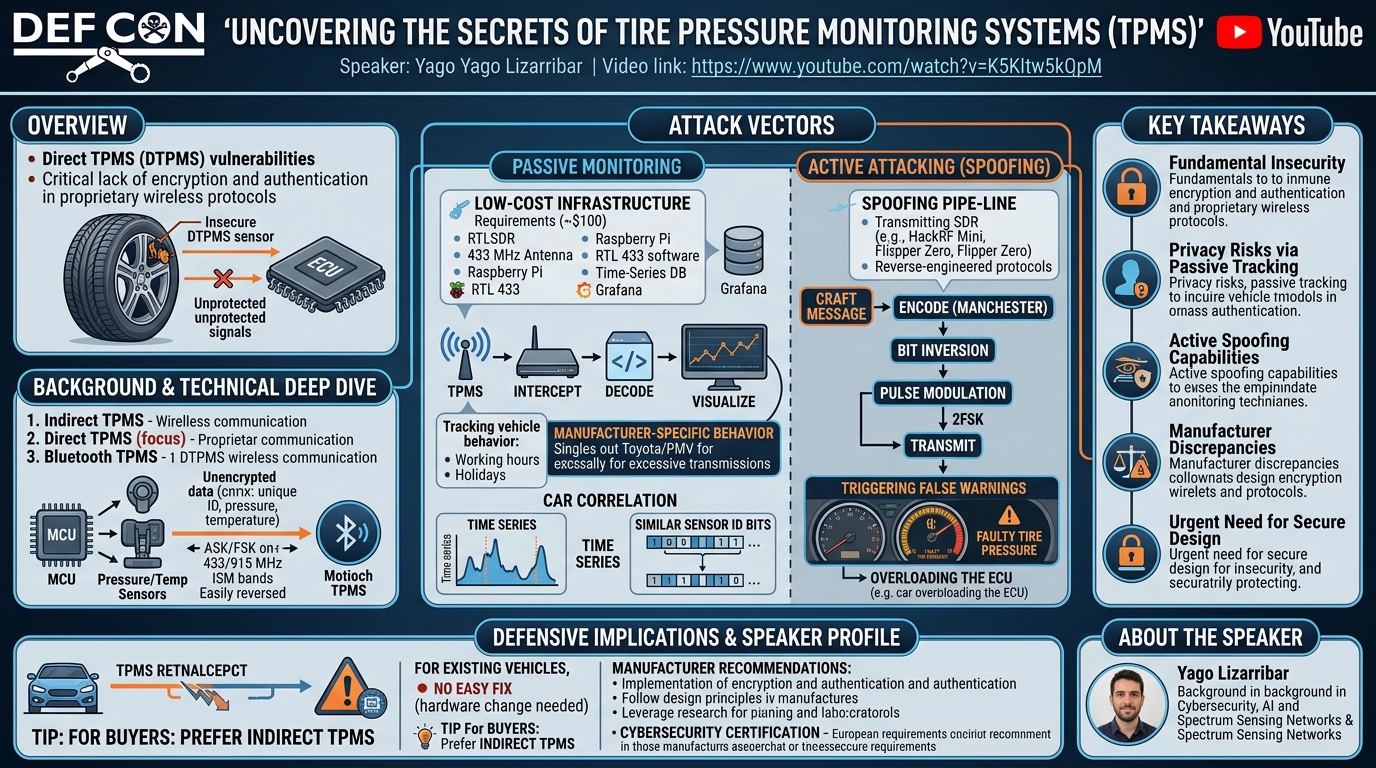 Visual summary for Uncovering the Secrets of Tire Pressure Monitoring Systems by Yago Lizarribar