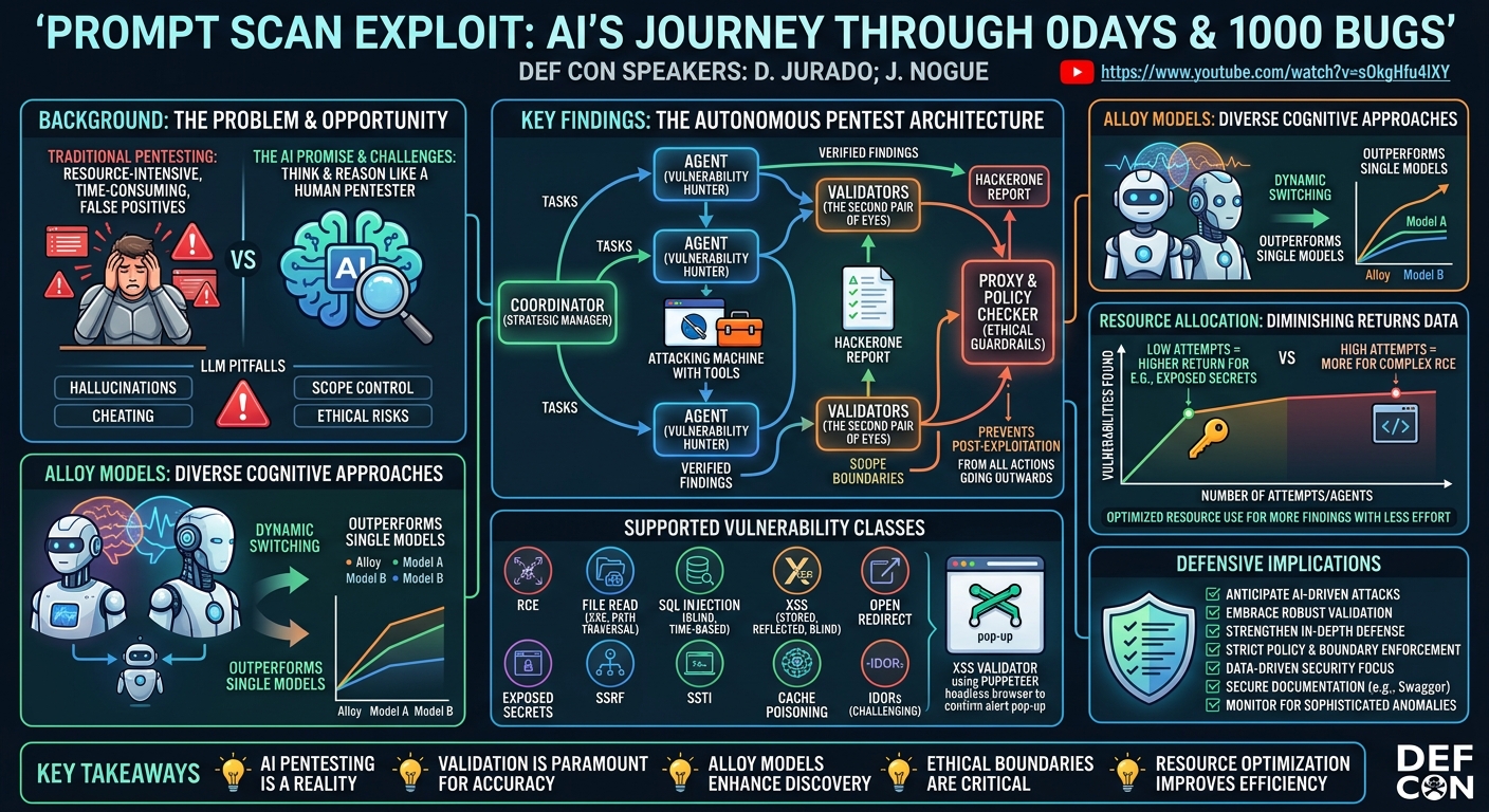 Visual summary for Prompt Scan Exploit AI’s Journey Through 0Days and 1000 Bugs by D. Jurado, J. Nogue