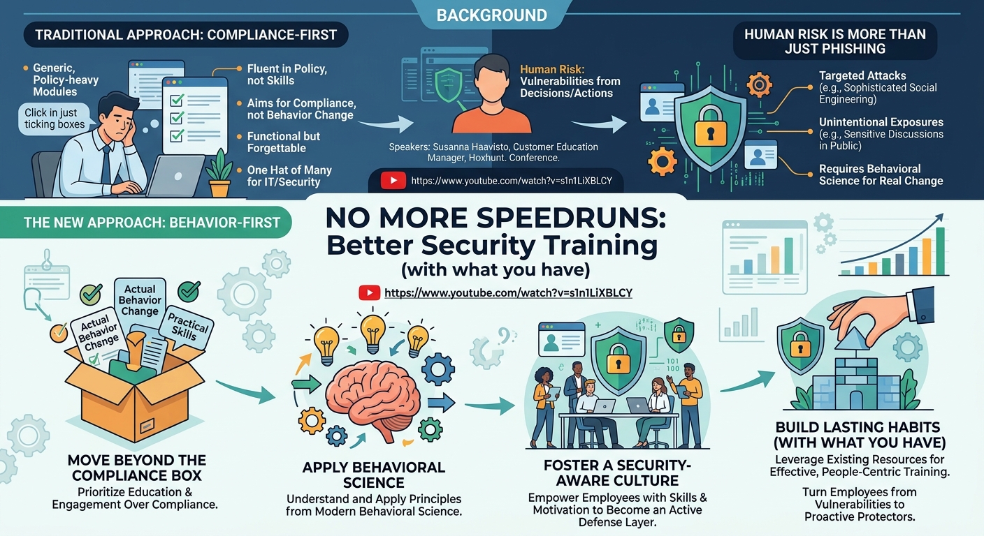 Visual summary for No more speedruns: Better security training (with what you have) - Susanna Haavisto by Susanna Haavisto