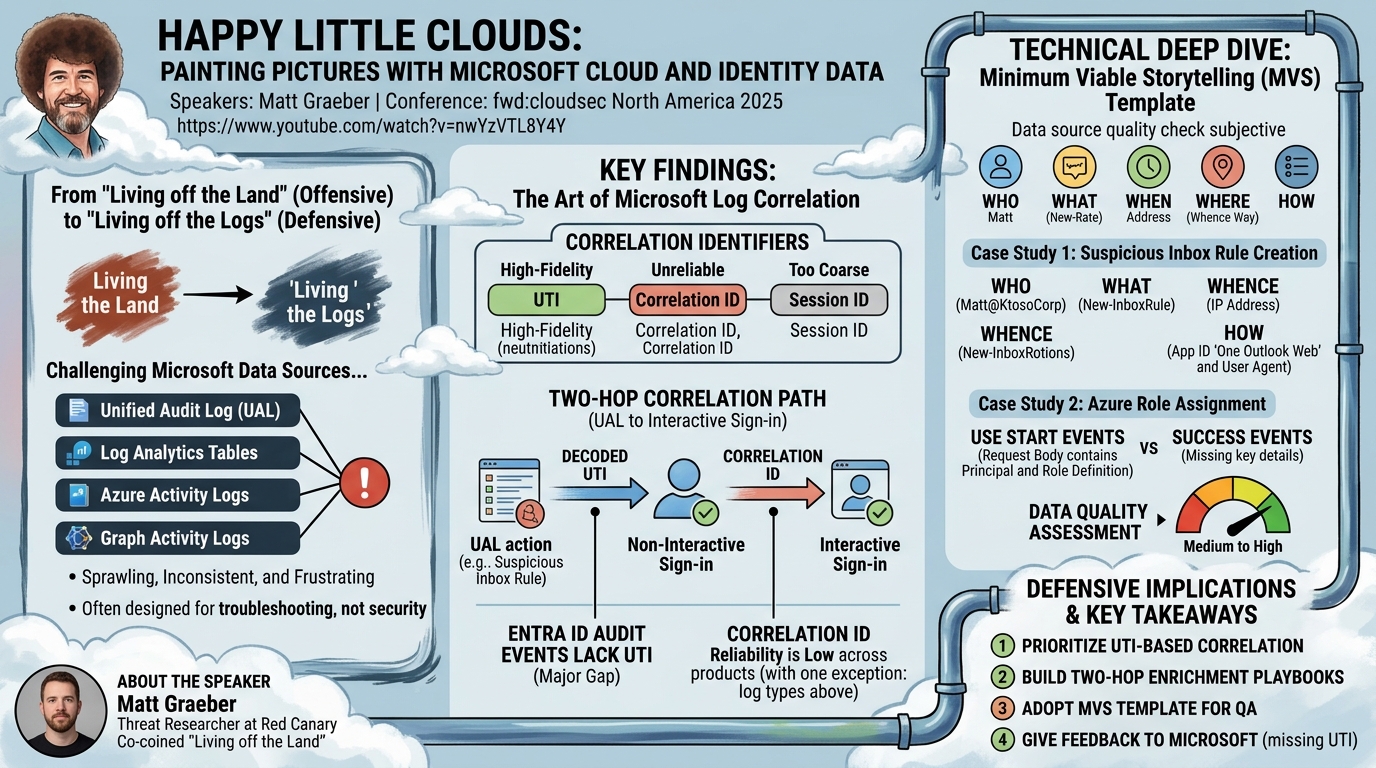 Visual summary for Happy Little Clouds: Painting Pictures with Microsoft Cloud and Identity Data by Matt Graeber