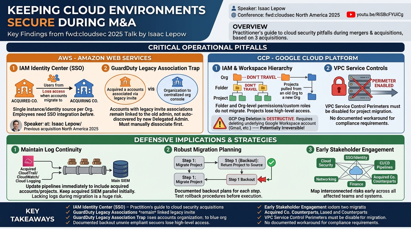 Visual summary for Keeping your cloud environments secure during a merger or acquisition by Isaac Lepow