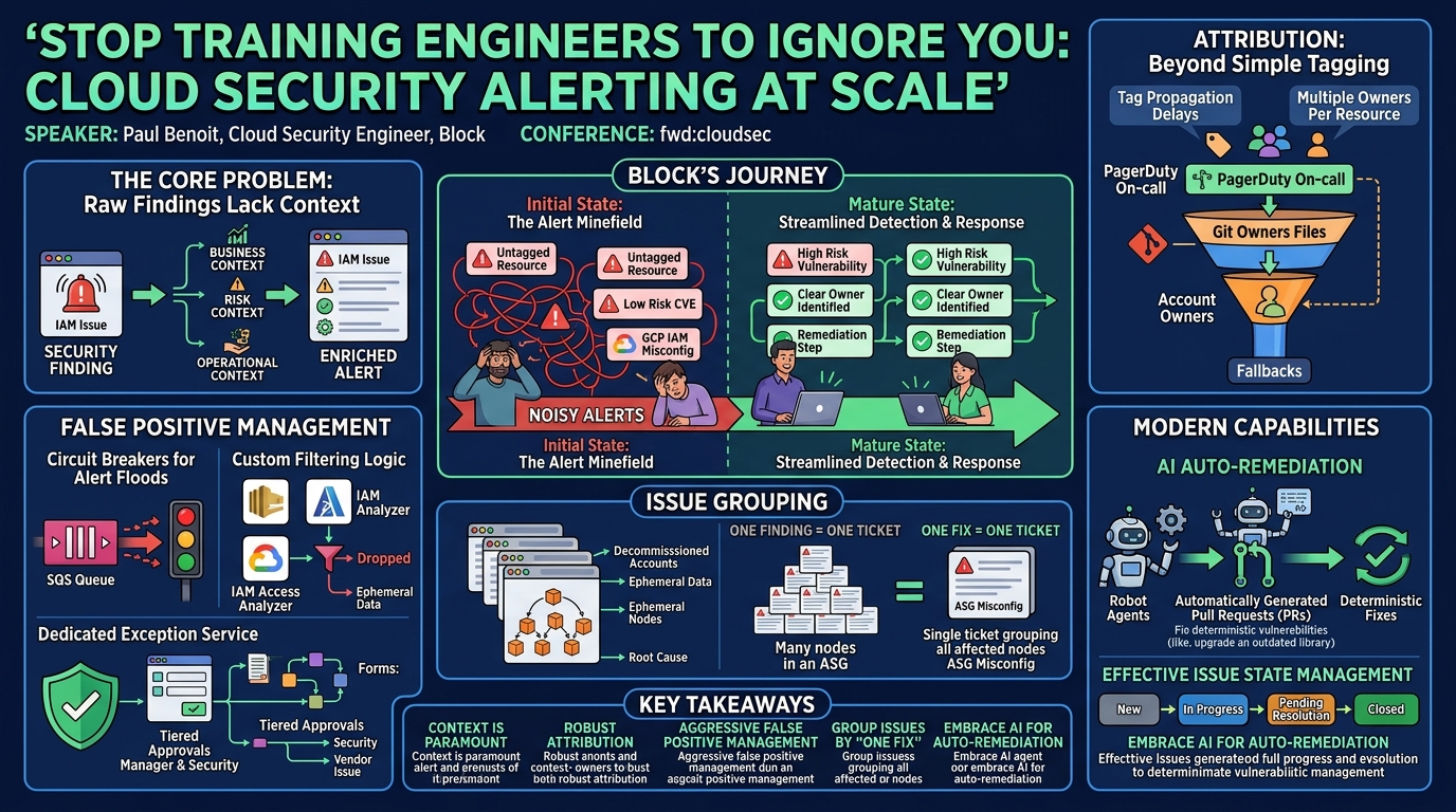 Visual summary for Stop Training Engineers to Ignore You: Cloud Security Alerting at Scale by Paul Benoit