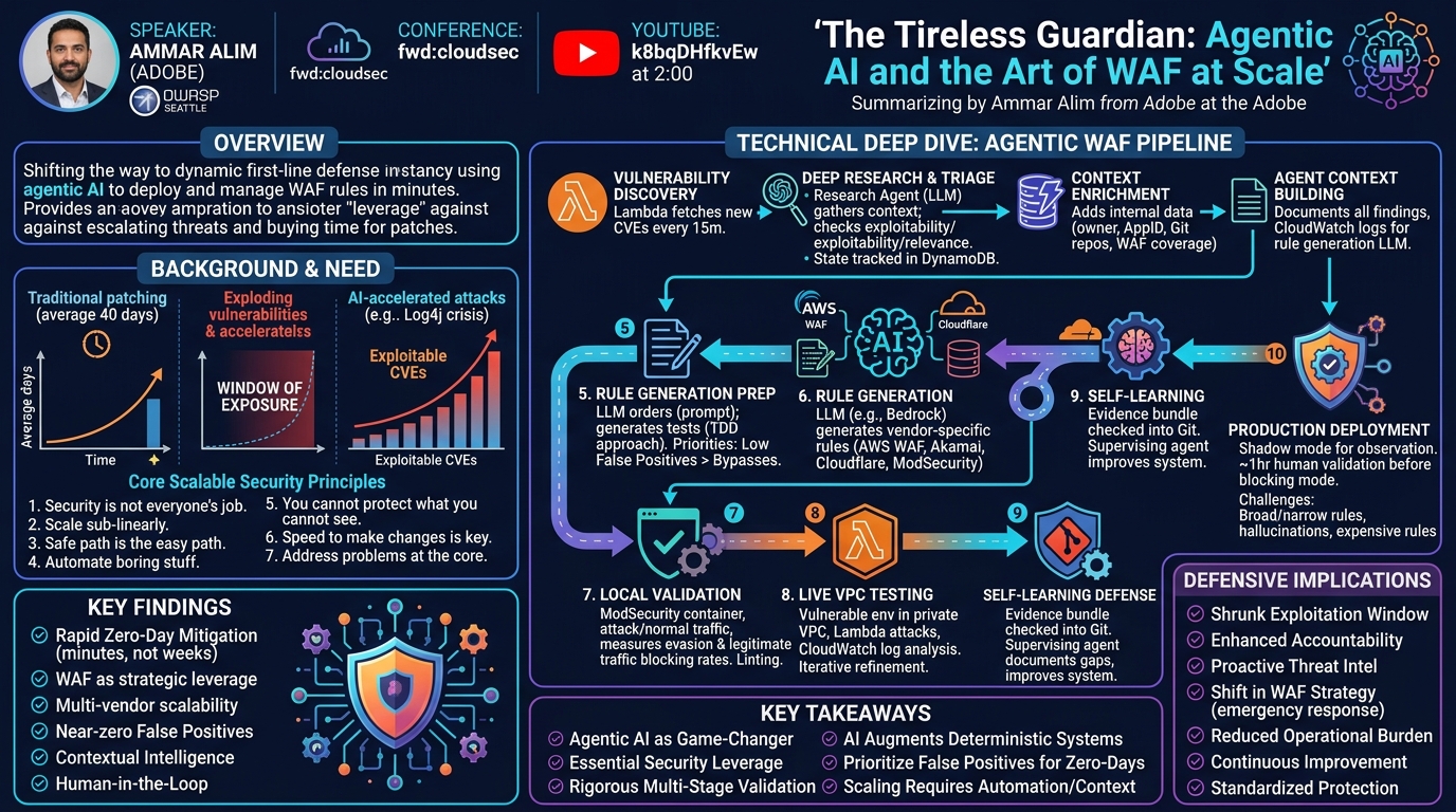 Visual summary for The Tireless Guardian: Agentic AI and the Art of WAF at Scale by Ammar Alim