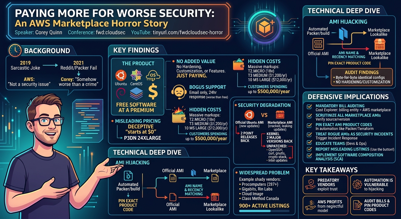 Visual summary for Paying More for Worse Security: An AWS Marketplace Horror Story by Corey Quinn
