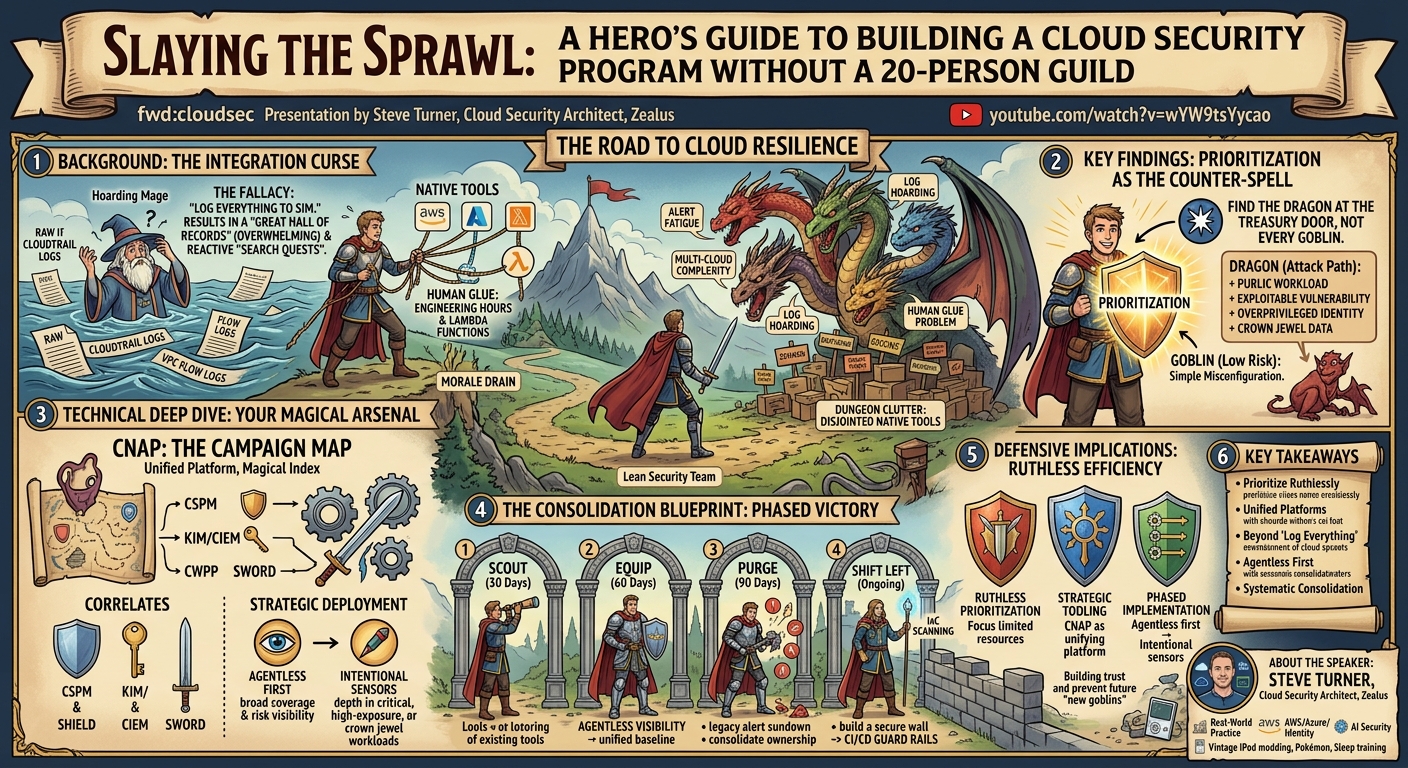 Visual summary for A Hero’s Guide to Building a Cloud Security Program Without a 20-Person Guild by Steve Turner